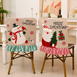 Linen Christmas Chair Back Covers Santa Claus Snowman Ruffle Edge Decor For Dining Room Holiday Kitchen