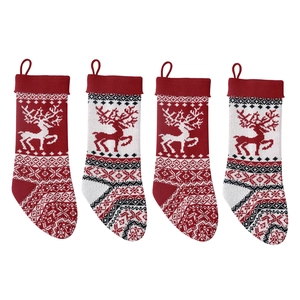 Set of 4 large knitted Christmas stockings with reindeer and snowflake patterns