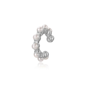 Minimalist silver C-shape ear cuff earring featuring multiple polished white pearls