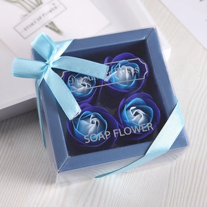 Blue and white gradient soap rose flower gift box with 4 flowers and a blue ribbon bow