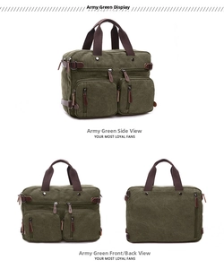 Three-way view of army green canvas 17-inch laptop bag with multi-pocket design
