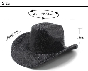 Detaillierte Größenangaben für den Pailletten-Cowboyhut mit 12cm Höhe und 8cm Krempe