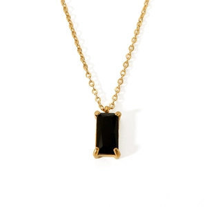 Close-up of 18K gold stainless steel necklace with a black rectangular zircon pendant