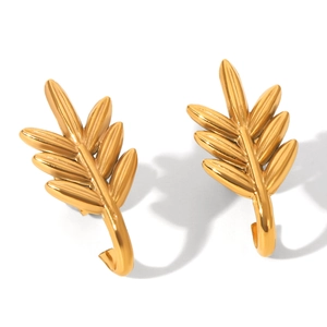 Elegant gold leaf earrings in stainless steel with wheat spike design on white background