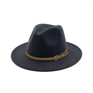Classic dark grey wool fedora hat with a brown leather belt buckle for men and women