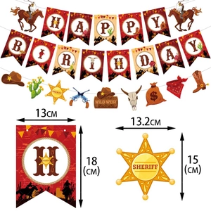 Western cowboy birthday banner set with Sheriff badge and cactus paper decorations