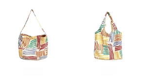 Detail of canvas tote bags featuring colorful abstract stripes and artistic patterns