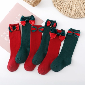 Christmas bow knee high socks in red and green cotton knit for toddlers and kids