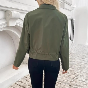 Close-up of military green short jacket featuring adjustable drawstring waist and back design