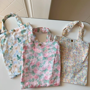 Floral Print Cotton Canvas Handbag Vertical Square Small Tote Bag With Copper Button Closure Fresh Sweet Style Women