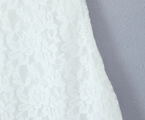 Gros plan sur la dentelle florale blanche et la texture de maille de la robe