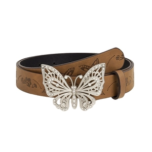 Vintage Y2K brown leather belt with embossed pattern and silver rhinestone butterfly buckle