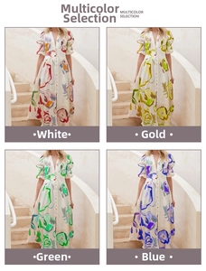 Collage of four floral V-neck maxi dresses in white, gold, green, and blue colors