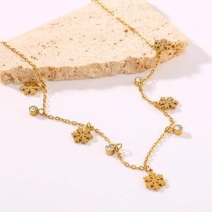 Elegant 18k gold plated stainless steel snowflake necklace with cubic zirconia gems