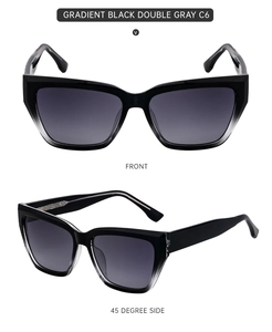 Front and side views of cat eye sunglasses in gradient black finish and C6 gray lenses