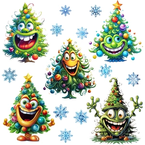 Cartoon Christmas tree and blue snowflake wall decals with happy smiling faces