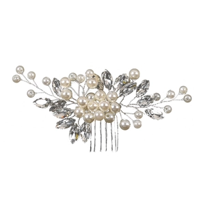Handmade bridal hair comb with pearls and marquise rhinestones on a silver base