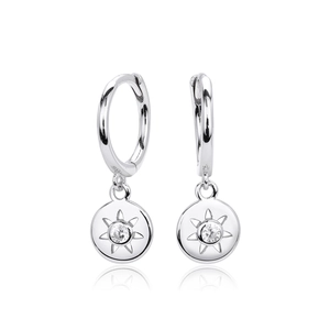 925 Sterling Silver Star Hoop Earrings with Polished Sun Pendant and Zirconia Stone