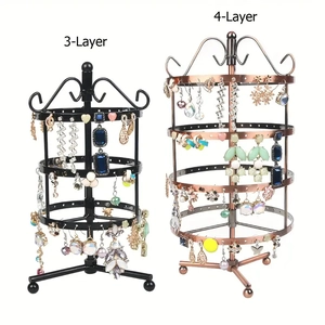 Rotating metal earring stand organizer in 3-layer black and 4-layer rose gold finish
