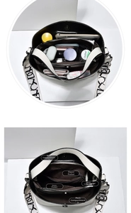 Internal view of the bicolor bucket bag showing multiple functional storage compartments