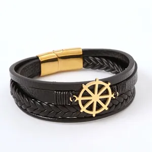 Handmade nautical black braided leather bracelet with golden stainless steel rudder charm