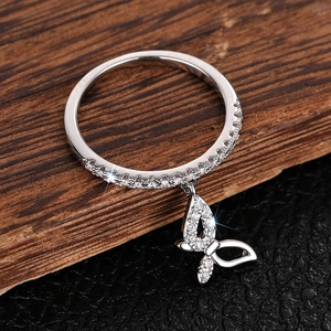 Butterfly Pendant Dangle Ring Women Copper Cubic Zirconia Half Eternity Delicate Jewelry
