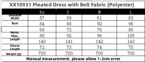 Size chart for elegant bodycon knit dress detailing shoulder, bust, waist and hip measurements
