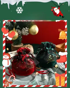 Detail of velvet Christmas apple bags with gold star mesh, pearls and satin bows