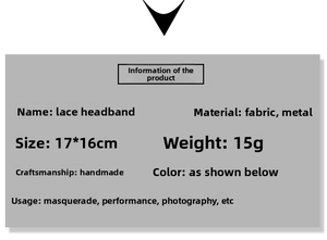 Detailed specifications chart for handmade lace cat ear headband including size and weight