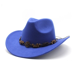 Detail of royal blue cowboy hat featuring a brown band with wood beads and metal buckle