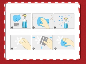 Visual instructions for Christmas window cling application showing 6 easy steps to paste