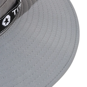 Detailed view of the gray fishing hat brim with precise stitching and star embroidery