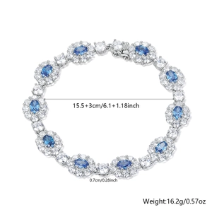 Detailed size specifications of S925 silver bracelet with blue oval gemstones and zircon
