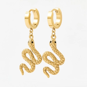 Elegant gold-plated stainless steel snake earrings with black crystal eyes on white background