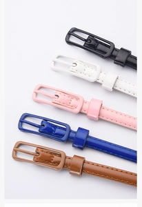 Set of five skinny belts with rectangular buckles in black, white, pink, blue, and brown