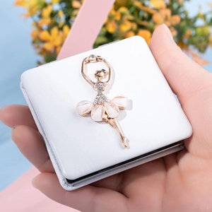 Portable white PU leather makeup mirror with golden ballet girl and rhinestone detail