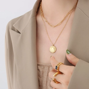 Double-layer gold angel coin necklace with minimalist geometric stackable rings set