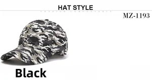 Detail of the six-panel structure and breathable eyelets on this black camouflage baseball cap