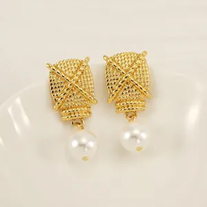 Dangle Earrings Stainless Steel Woven Texture 18K Gold Plated White Artificial Pearl Drop Retro Elegant Style Women Accessory