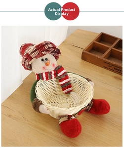 Detailed view of woven Christmas snowman candy basket with red striped scarf and hat