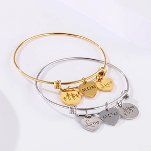 Polished stainless steel MOM charm bracelets in gold and silver for Mother's Day gifts