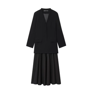 Women Elegant Blazer Maxi Dress Pleated Patchwork High Waist Long Sleeve Business Office Solid Polyester