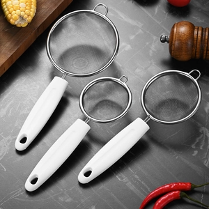 Three-piece stainless steel fine mesh strainer set with white handles for kitchen straining