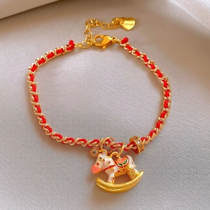 Elegant Chinese zodiac pony red string bracelet with heart charm and gold chain links