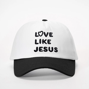 Detail showing high-quality Love Like Jesus embroidery on a two-tone cotton baseball cap