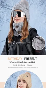 Detail of thickened fleece lining in winter knitted hat and neck warmer set