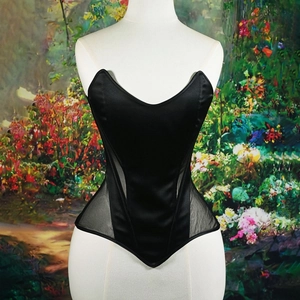 Strapless Corset Top Mesh Satin Patchwork Boning Lace Up Back Slim Fit Sexy Bustier For Women