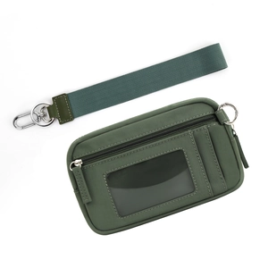 Detail of army green nylon card holder with transparent window and wrist strap