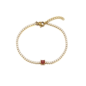 Gold-plated tennis bracelet with clear cubic zirconia and red square stone center