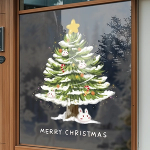 Weihnachtsbaum und grüner Hase Fensteraufkleber mit Merry Christmas Text für Glasdeko
